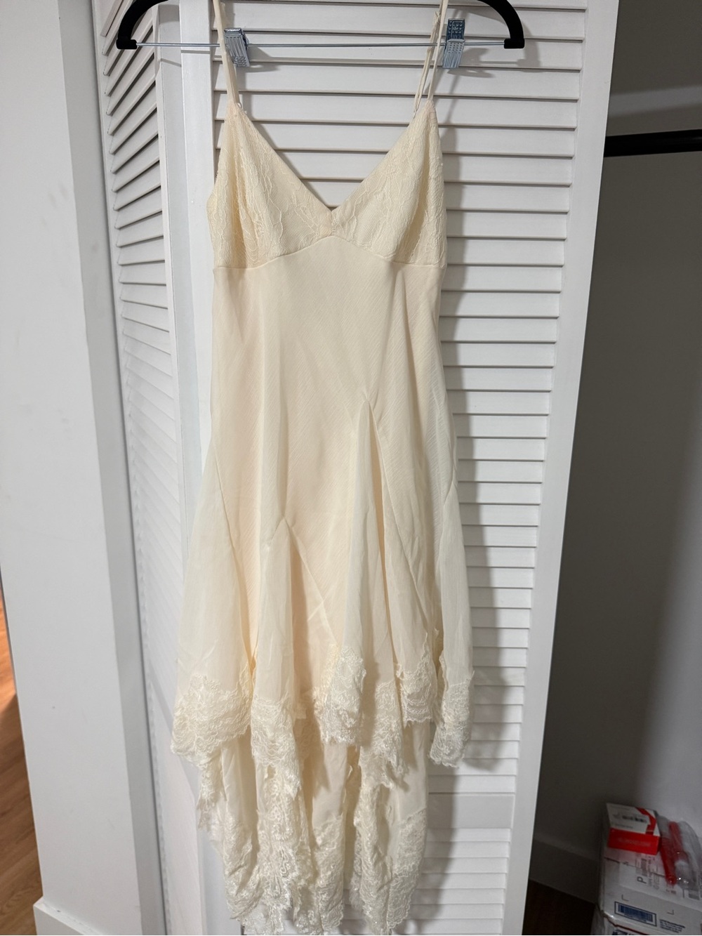 Cream Asymmetrical Lace-Trim Slip Dress